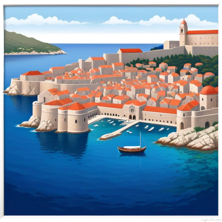 Dubrovnik – Cinematic Realistic Dubrovnik, depicted as a stunning coastal city with red-tiled roofs and ancient stone walls, set against the deep blue Adriatic Sea under warm Mediterranean light, rendered with rich textures that capture its enchanting beauty. emoji