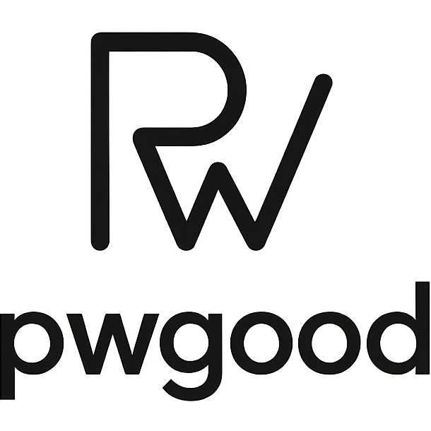 minimalist logo for 'pwgood' featuring an abstract symbol with clean lines, black and white color scheme emoji