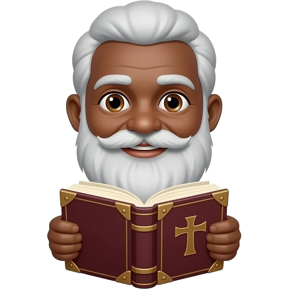 wise old man with grey hair little smile brown eyes white beard black skin with burgundy book that has a cross on it no circle emoji
