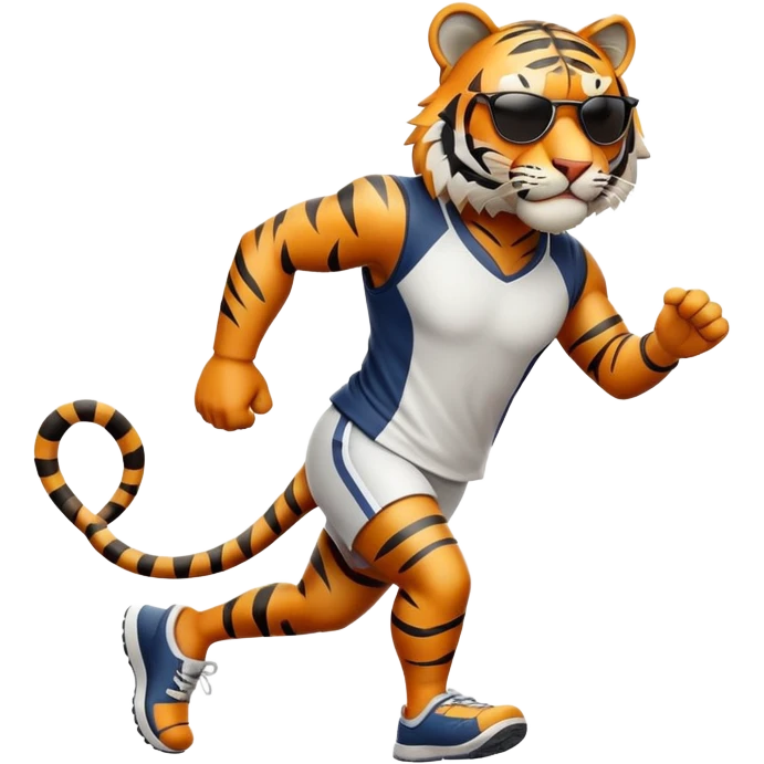 energetic anthropomorphised tiger in sports clothes, wearing dark sunglasses, walking upright, dynamic pose emoji