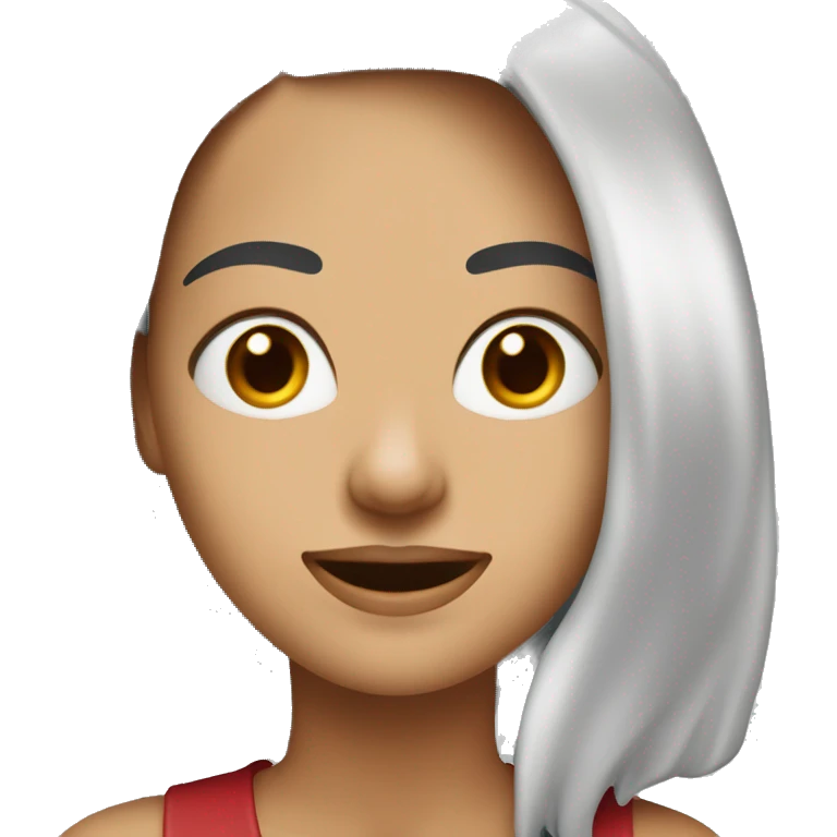 mujer blanca con el pelo rojo oscuro y largo. Con cejas tupidas. Con brackets en los dientes.  Con color de ojos marrón claro emoji