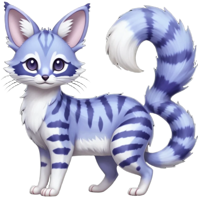  dull-colored gloomy-dark-deep-grayish-indigo-violet-gradients ghostly spectral spooky fur with random dark markings beautiful elegant pretty precious cute  Fakémon-Pokémon-opossum-feline-serval-caracal-chinchilla-Minccino-hybrid-creature with a big fluffy bushy striped tail (full body) emoji