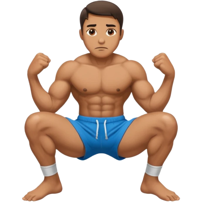 A squatting man legs spread apart and make a penis visible going through a hole in his broken shorts emoji