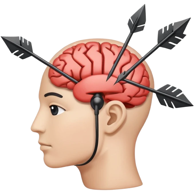 Minimalistic flat vector icon, iOS style, thin black contour on white background. Human head with brain and arrows showing thought change. No text, no shadows. emoji