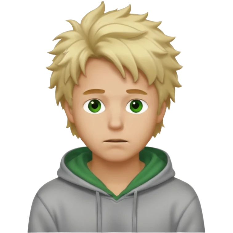 Hot, fluffy messy  hair blond guy with green eyes and grey hoodie closed mouth emoji