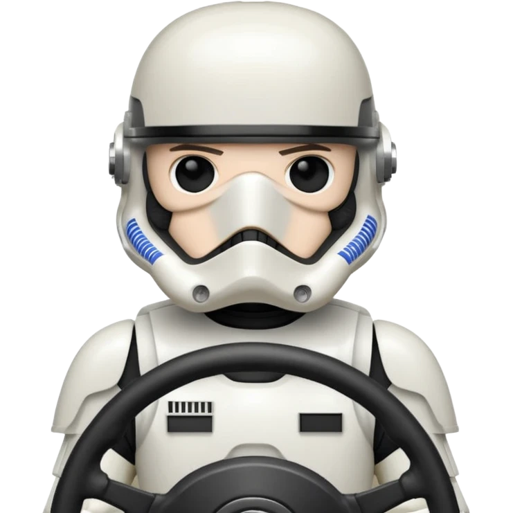 ["Stormtrooper helmet driver, white armor, hands on steering wheel."] emoji