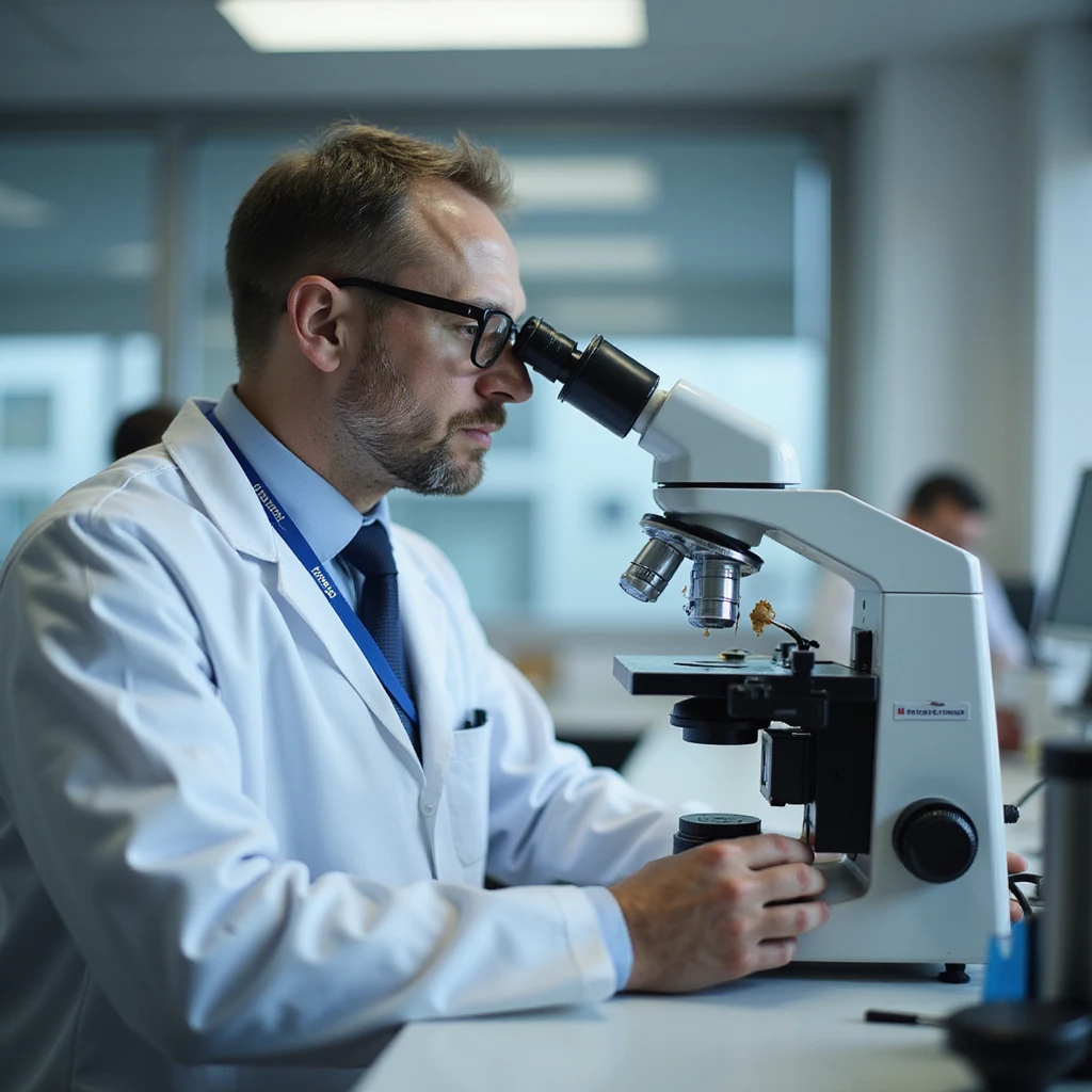 realistic doctor in lab coat analyzing stool sample in laboratory for parasite research, microscope and slides visible, clinical environment emoji