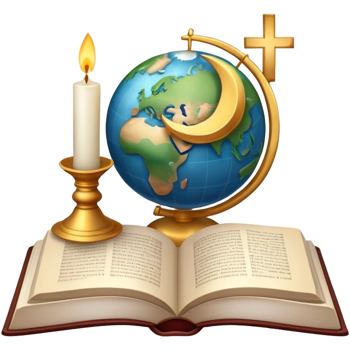 An icon featuring a holy book, a candle, and a cross, symbolizing religious studies. The design includes a globe with various religious symbols: a crescent moon and star (Islam), a lotus flower (Buddhism), representing global belief systems. Transparent background. emoji