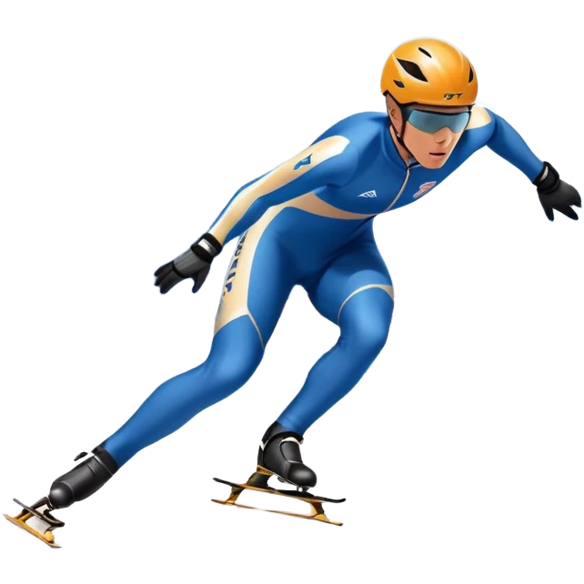 An icon showing a grand arena, snow-covered mountains in the distance, and a crisp blue sky with professional speed skater leaning into a turn on a polished ice track, dressed in a sleek suit and helmet. Transparent background highlights speed and precision. emoji