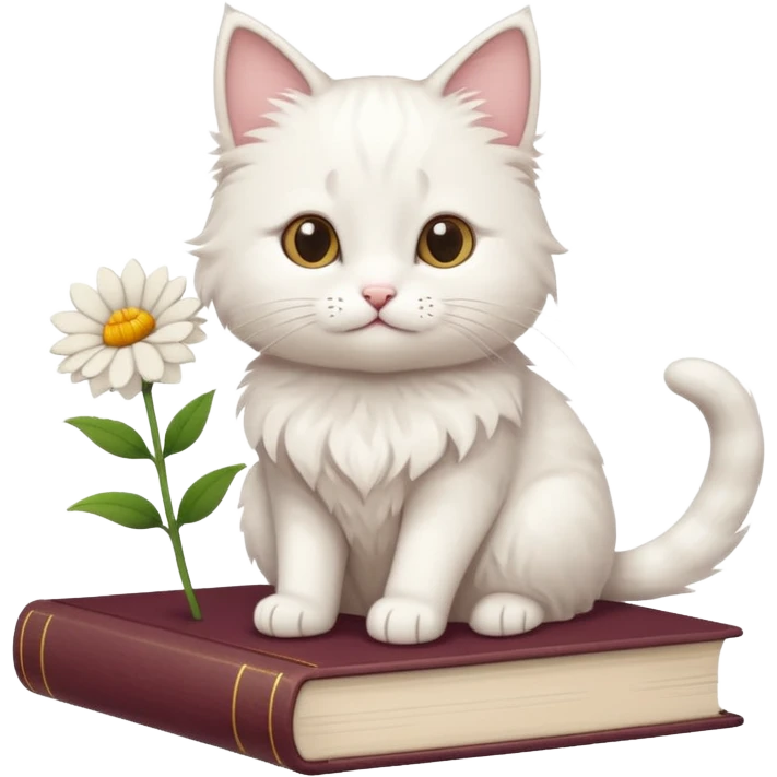 A white fluffy cat sits on top of a beige book + flower emoji
