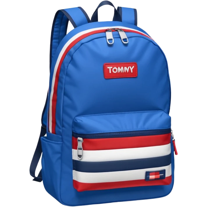 simple blue backpack, at the bottom pocket there is a  logo featuring a Tommy Jeans-inspired logo. The logo looks like a vertical one red, one white. The flag are vertical, not horizontal. Flat

 emoji