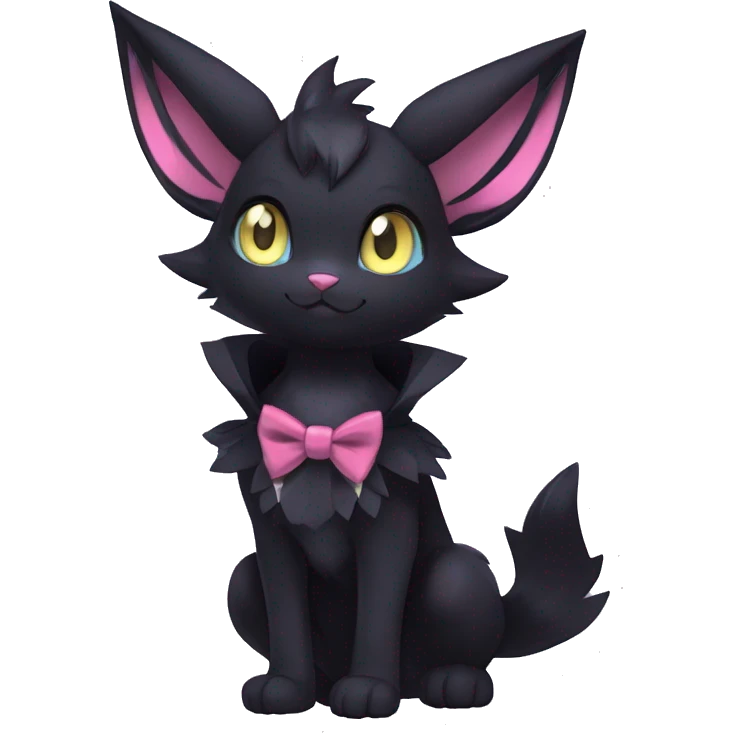Shiny Dark Cool Edgy Black beautiful ethereal fantasy Kawaii Sona Umbreon-Noibat-Litten-Fakemon-cat-animal with edgy bat-ears bow tie black mane vtuber model Full Body emoji