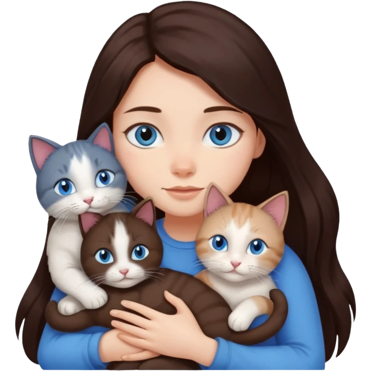 a girl with long dark 
brown hair, with blue eyes, hugs 3 different natural coloured cats emoji