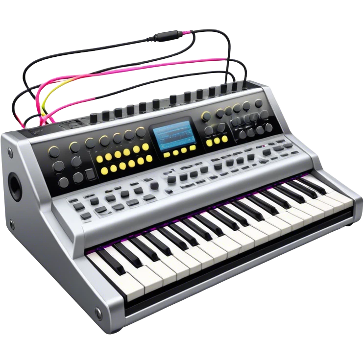 Create a professional and detailed emoji that represents sound design. The design should feature a high-end studio synthesizer, specifically a Korg synthesizer, with a mixing console and control panel, all connected with audio cables. Surround the equipment with flowing sound waves or musical notes to symbolize the creation and manipulation of sound. Use colors like metallic silver, black, and neon accents to emphasize the technical, creative nature of sound design. The background should be transparent. emoji