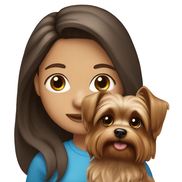 Girl with long brown hair, light skin and blue eyes holding a yorkie dog  emoji