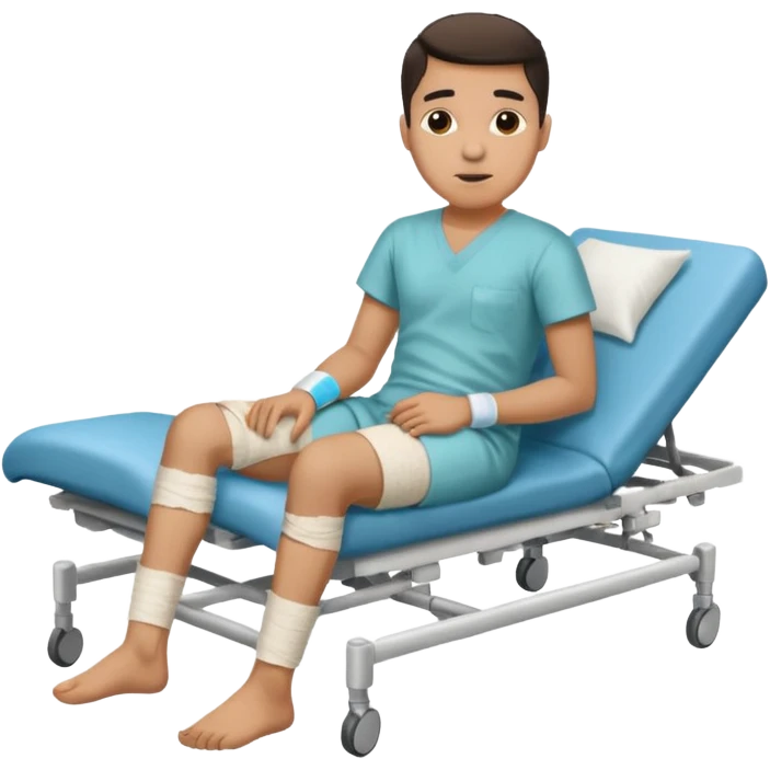 Hispanic young man with a broken leg, showing bandages, in a hospital emoji