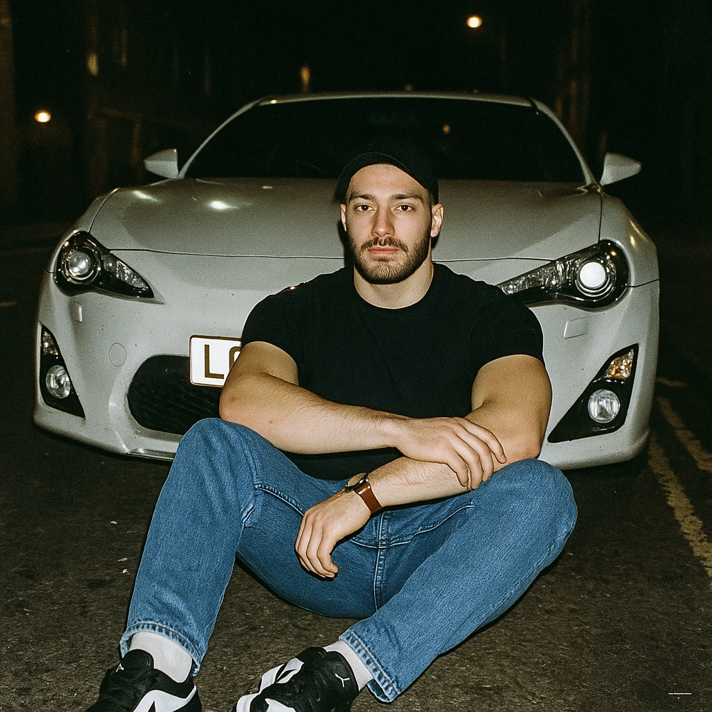 Grunge-style analog photo, London 2025, person inspired by the new reference image sitting on the ground, Nissan GT 86 behind, model pose, black t-shirt, jeans, Nike Air Jordan low, using flash, urban night, analog grain, 7/8. emoji