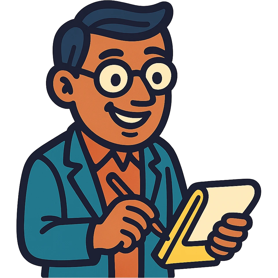 therapist cartoon character with glasses and notepad, smiling and writing emoji