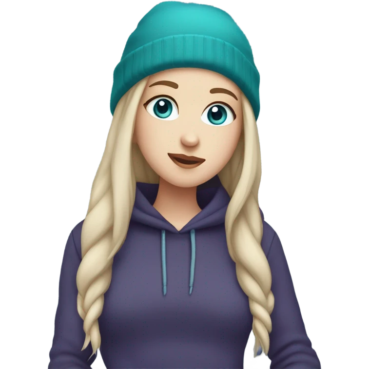 White girl, blue eyes, long teal hair, purple beanie hat, black hoodie, blue jeans, black shoes emoji