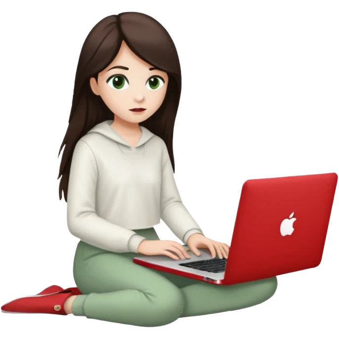 Long dark brown haired, white skinned, dark green eyed girl in white clothes girl sitting in macbook with a red case and watching to macbook emoji