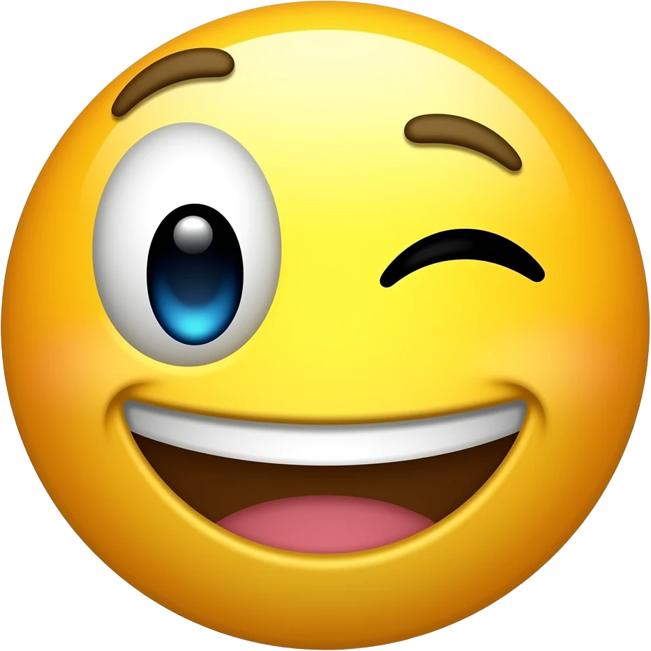 A yellow emoji face smiling broadly, raising its cheek and closing a small part of its eye. emoji