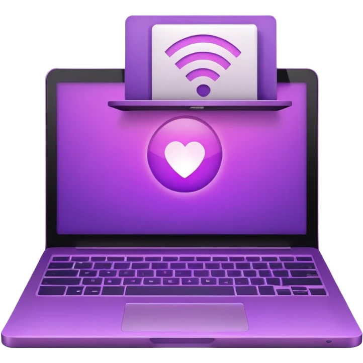 Minimal purple icon: a glowing laptop with a book icon on its screen and a Wi-Fi signal above. Flat style, gradient. emoji
