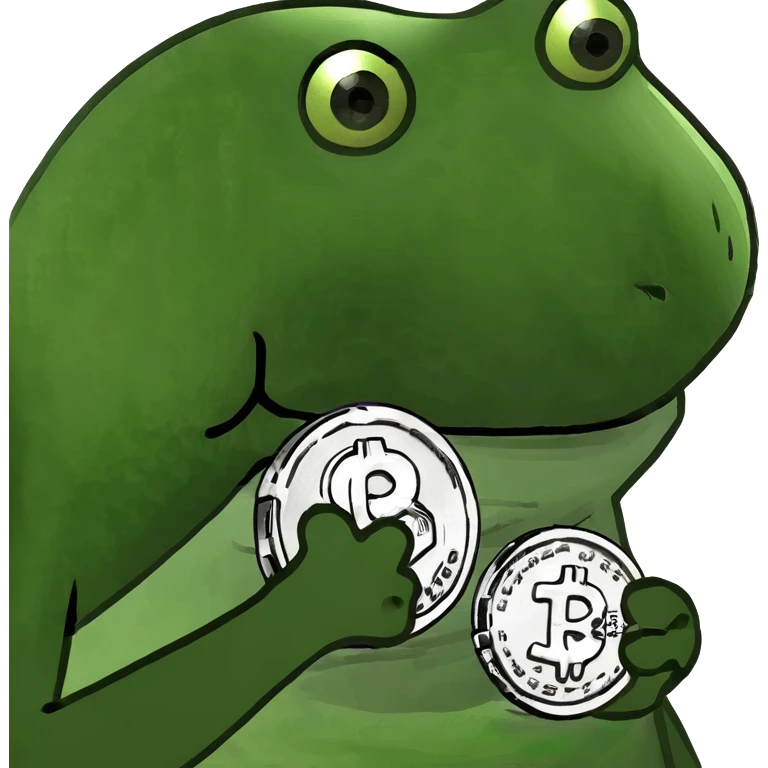 bufo frog (pepe) with a single coin in hand emoji