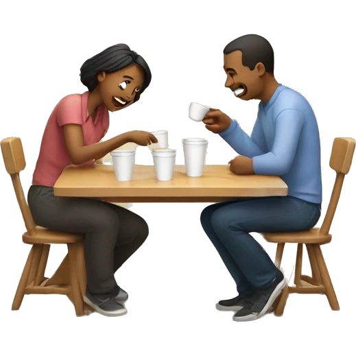 An emoji of a family—mother, father, and child—sitting at a table, playing a cup game with paper cups arranged on the table as they have fun together emoji