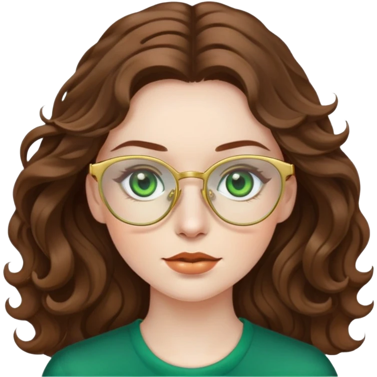 woman with pale skin, brown wavy hair, green eyes, gold glasses emoji