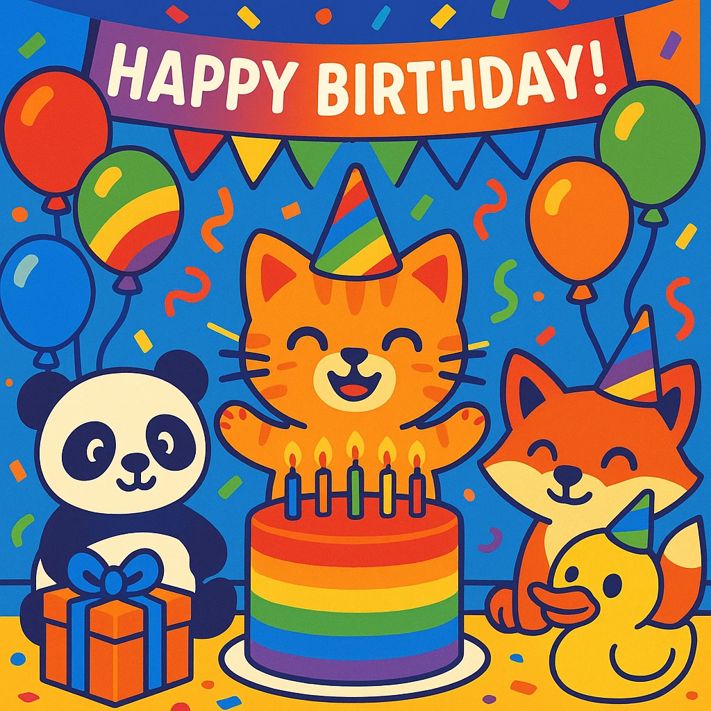 vibrant-toon style birthday party scene with a rainbow color theme including rainbow balloons, multicolored decorations, confetti, a large rainbow birthday cake, gifts, and a festive atmosphere. Main character is a ginger tabby kitten wearing a birthday hat, surrounded by a panda, fox, and duck also celebrating. Prominent 'Happy Birthday!' message included in the scene. emoji