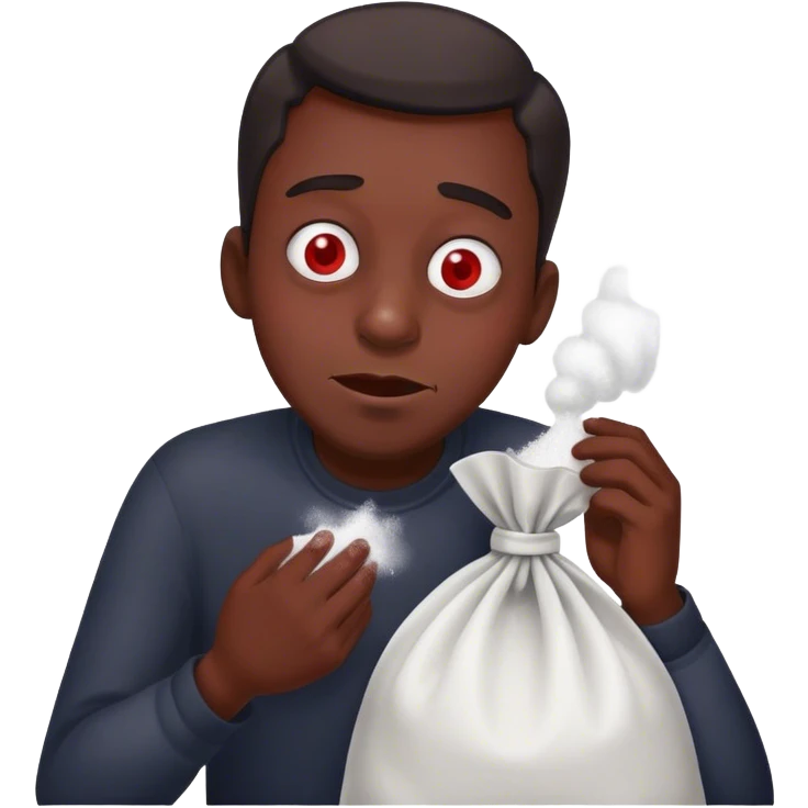 A goofy man with red eyes snorting a large bag of white powder  emoji