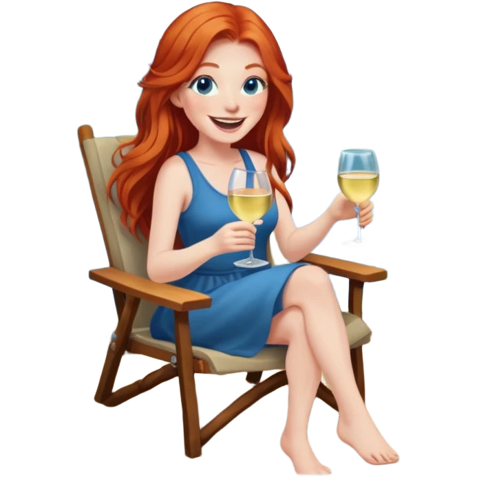Laughing redhead long hair and blue eyes holding white wine sitting in chair beside campfire emoji