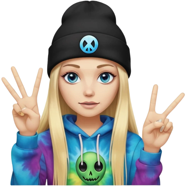 White woman with long blonde straight hair and blue eyes with long eyelashes and tiedye hoodie. i would like for her to be doing a peace sign with one hand and be wearing a black beanie with an alien face on it emoji