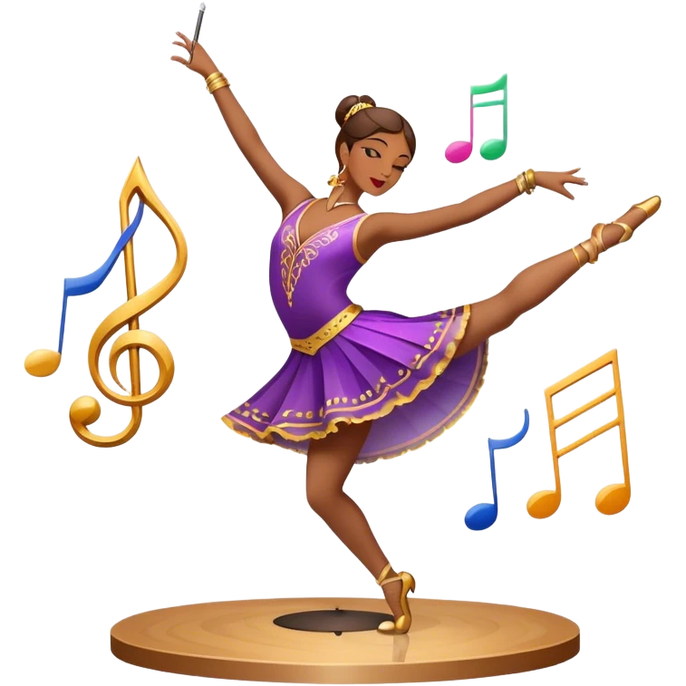 Icon for Choreography: a dancer in a graceful pose with musical notes, a director’s baton, a metronome and a dance floor. The icon should represent the art of choreography, with focus on movement, timing, and creativity. Transparent background. emoji