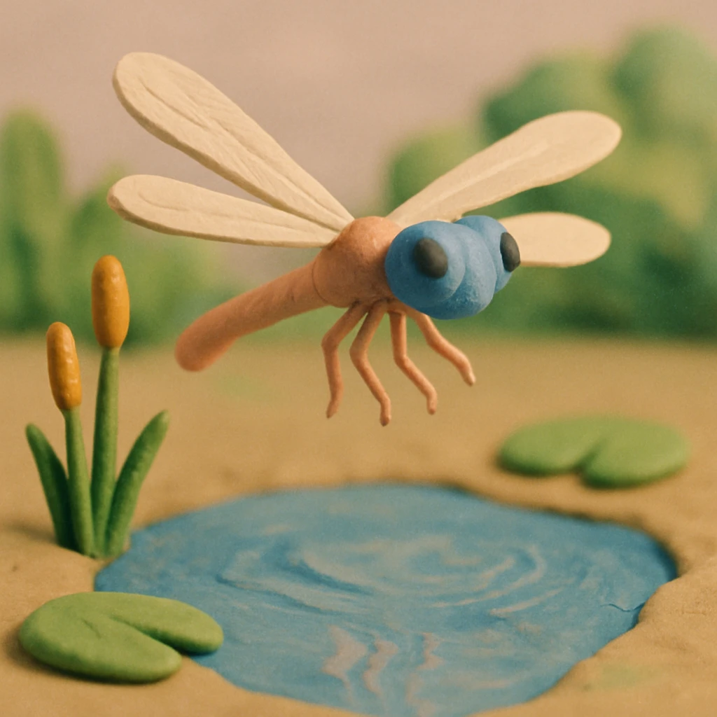 claymation style dragonfly hovering above a pond, soft pastel colors, visible wings and water reflections emoji