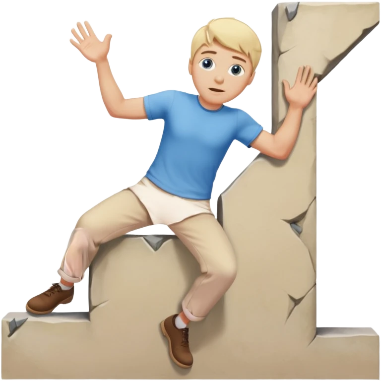 Blonde man with blue eyes wearing a cream top and beige trousers climbing over a wall emoji