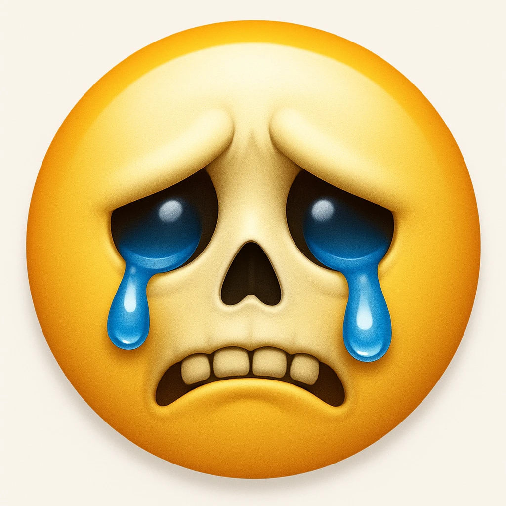 Edit the sad skeleton face emoji exactly like the reference but add tears to its eyes. Maintain the iOS emoji style and add a subtle highlight. Keep all other details and style unchanged. emoji