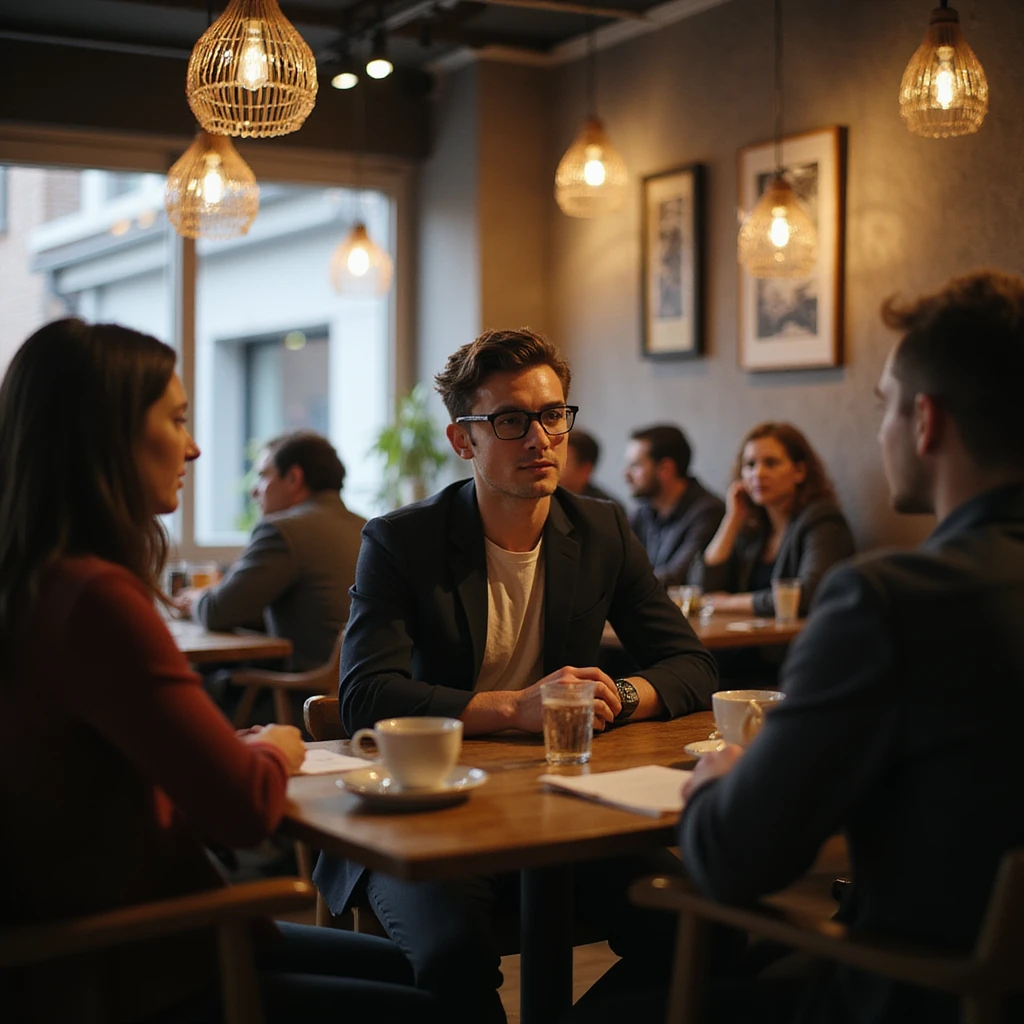 a person talking to a group in a cafe emoji