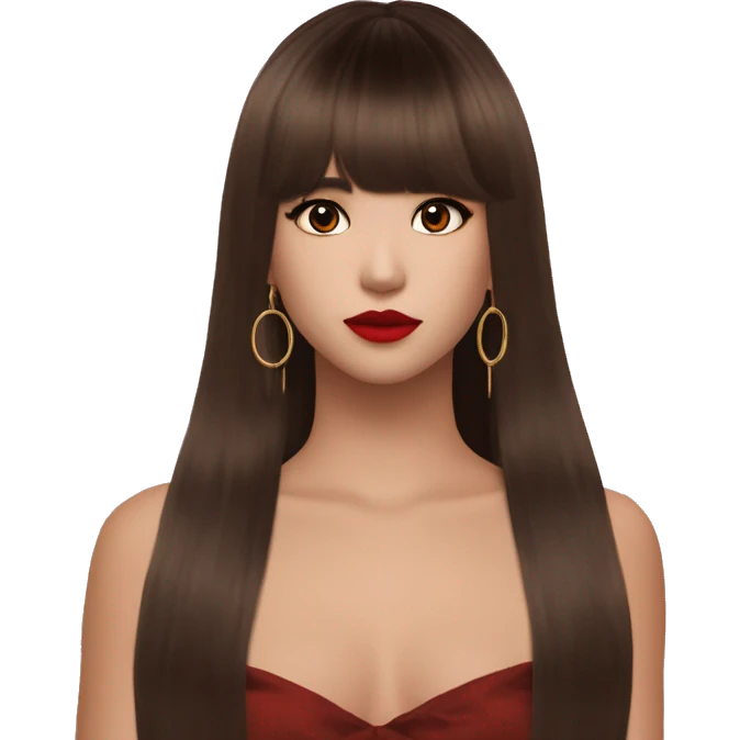 pretty girl with hair reaching below armpits with curtain side bangs styled like Lalisa Style hair during Rockstar MV, brown eyes, red lips, dark chocolate brown hair, hoop earrings  emoji