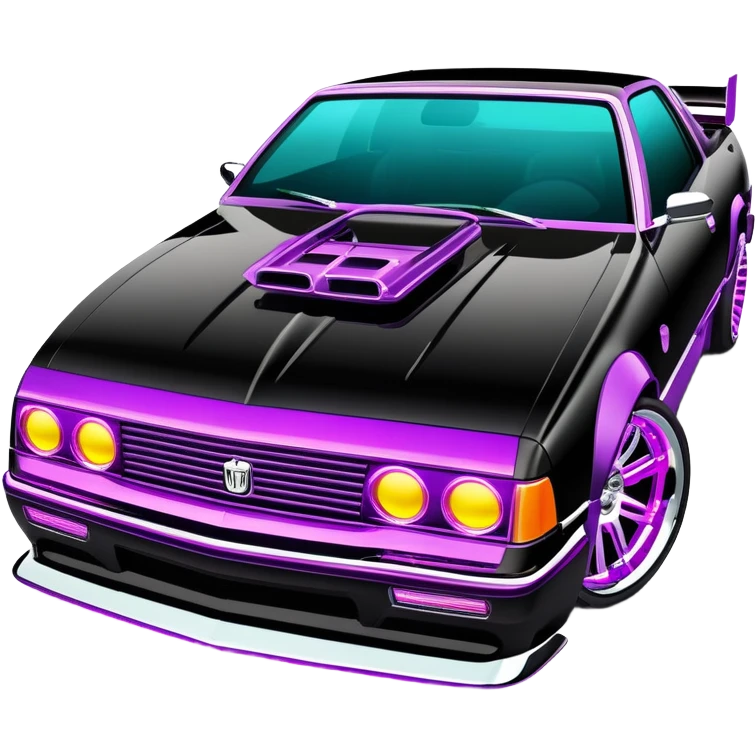 Extravagant luxury car tuned by MTV's Pimp My Ride crew, featuring neon lights under the chassis, nitro parts and chrome rims emoji