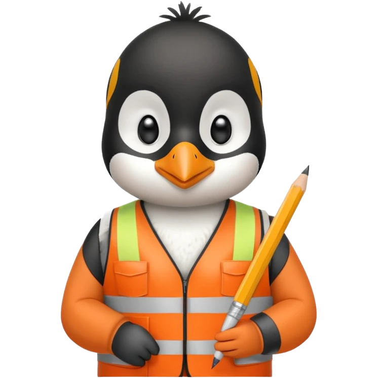 worker penguin wearing orange west holding a pencil emoji