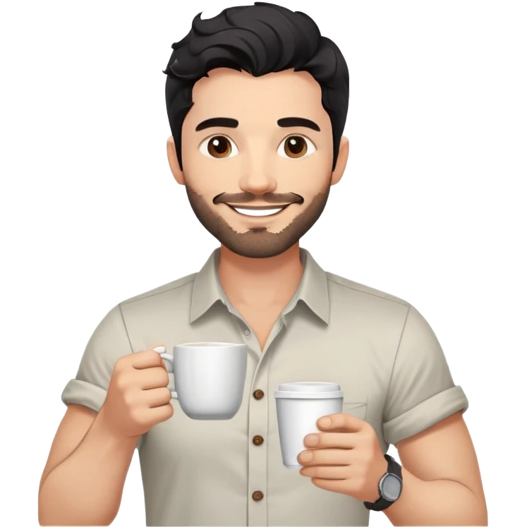 Casual portrait of a 35-year-old man with black wavy hair, stubble, strong jawline, white skin tone, wearing casual button-up shirt with rolled sleeves, holding coffee cup, friendly approachable smile, relaxed confident pose for social media emoji