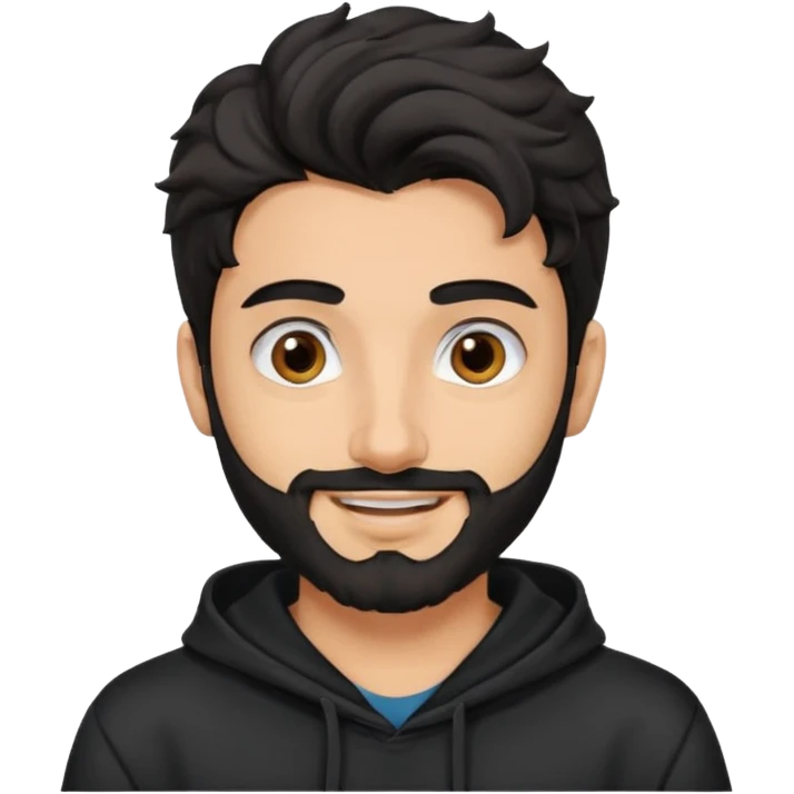 young fair skin pakistani guy smiling with black beard, wavy hair pushed back and brown eyes and big eyebrows, wearing black hoodie emoji