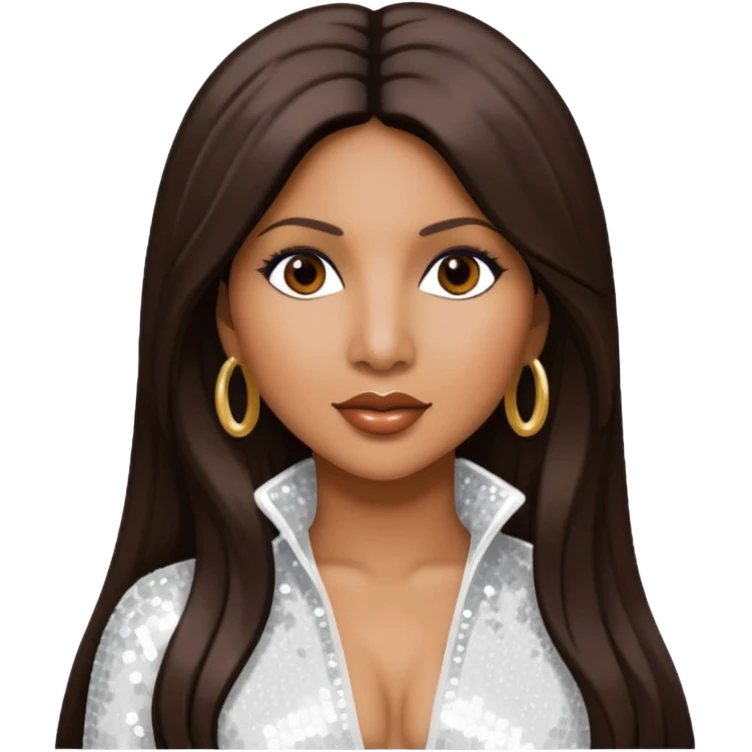 Toni Braxton with long dark brown hair, white sequin outfit emoji