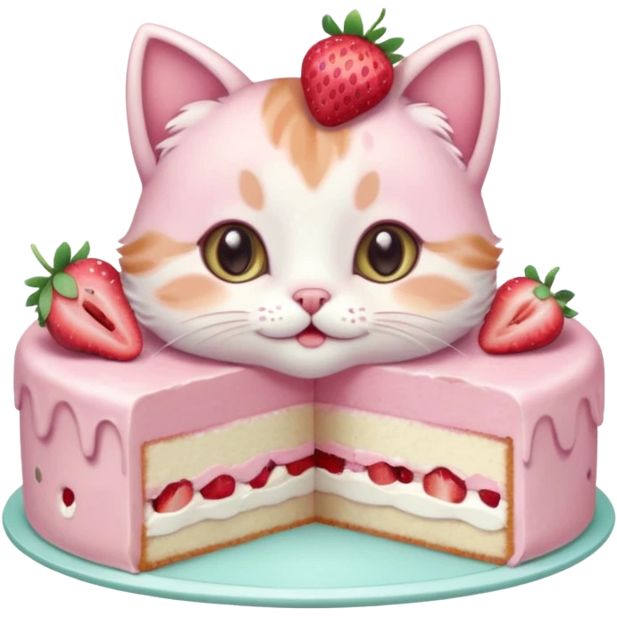 A cute cat happily eating a slice of strawberry cake, pastel color palette, soft shading, big sparkling eyes, kawaii style, highly detailed digital illustration, cozy atmosphere
, emoji