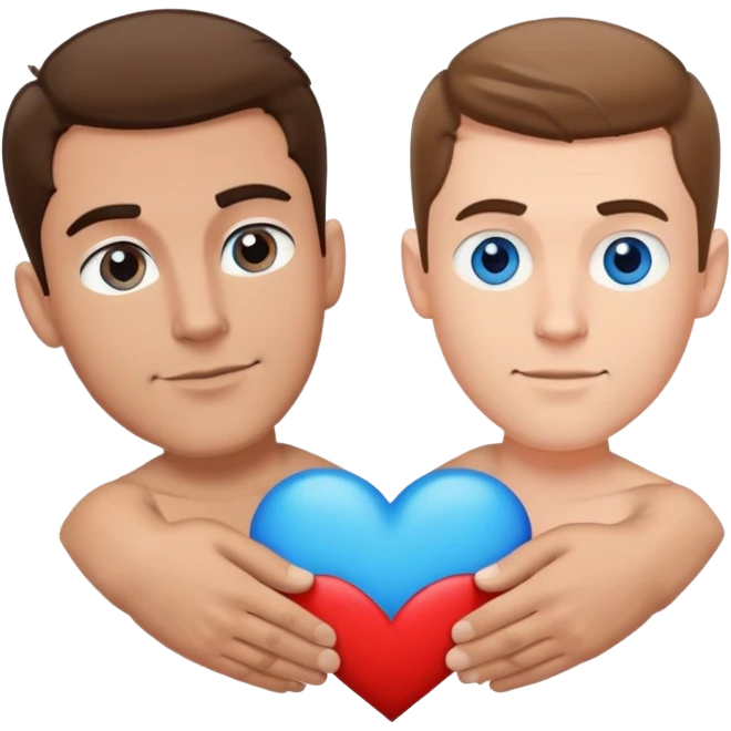 Gay mail couple, tall Latin man and shorter white man. White man with medium brown hair and blue eyes  Latin man is muscular. Draw these characters in an cartoon style and place them together in a heart filled background  emoji