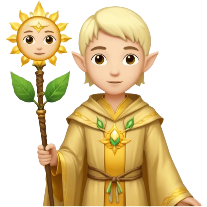 {
      "type": "human",
      "look": "light elf healer, golden robe, staff with leaf and sun motif",
      "description": "a light elf healer wearing a golden robe and holding a staff with leaf and sun symbols"
    } emoji