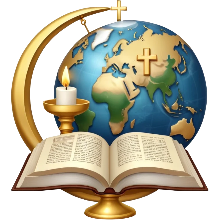 An icon featuring a holy book, a candle, and a cross, symbolizing religious studies. The design includes a globe with various religious symbols: a crescent moon and star (Islam), a lotus flower (Buddhism), representing global belief systems. Transparent background. emoji