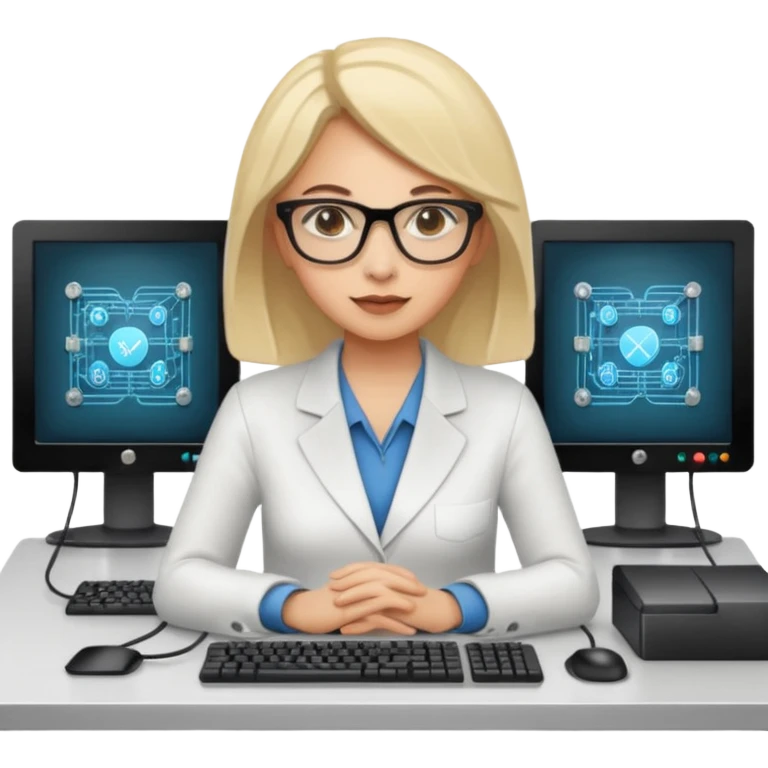 a woman developer in a meeting on a table, with others developers, in the background a mainframe computer emoji