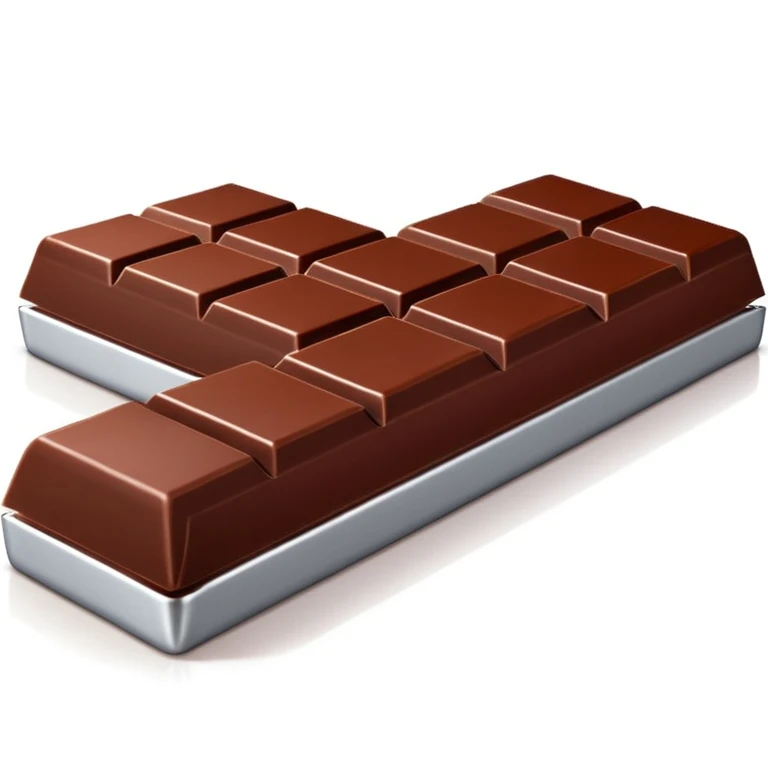 3D apple-style emoji of a chocolate bar half unwrapped in shiny red and silver foil, visible square chocolate segments, rich brown color, simplified shapes, cartoon-like look, glossy finish, soft shadows, minimal and clean design, no face or branding, white background emoji